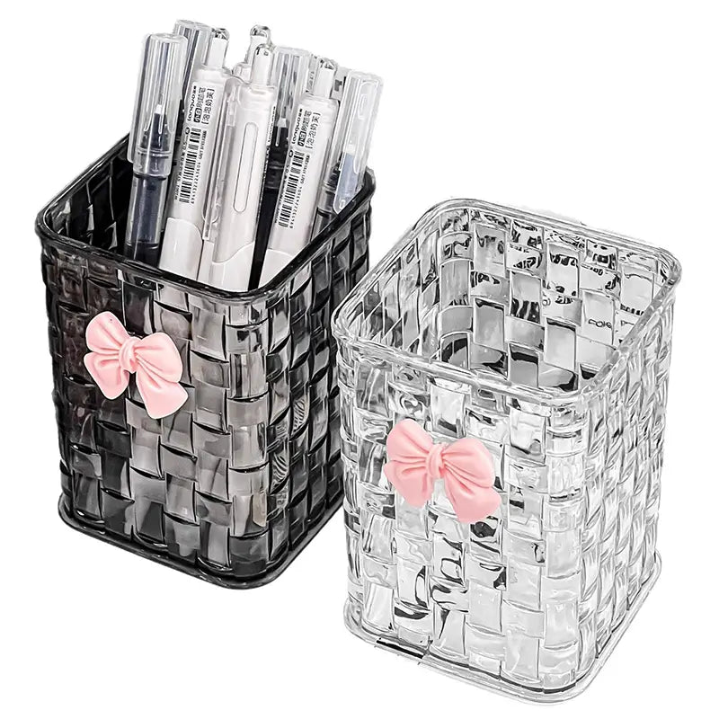 bow pen holder desktop storage organizer featuring clear and black woven plastic pen holders each adorned with a pink bow for elegant desk organization