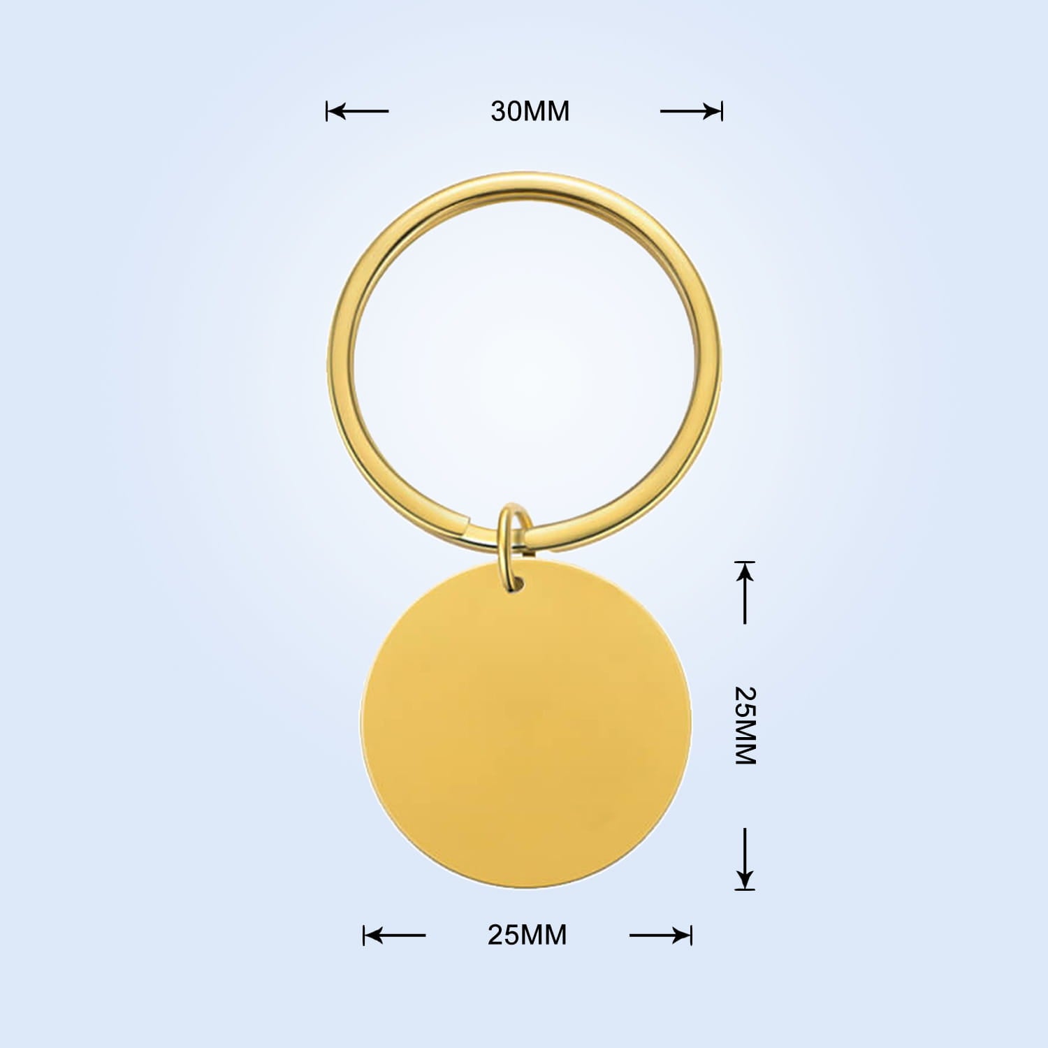 Gold-colored circular keychain with a 30mm ring and 25mm disc featuring a personalized fingerprint QR code for a unique gift.