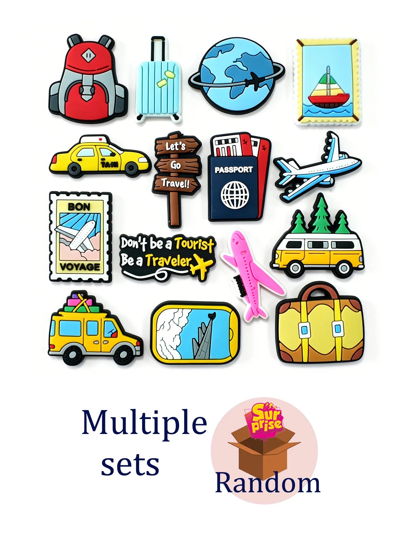 travel shoe charms pvc clog decorations accessories featuring travel-themed silicone fridge magnets in assorted colors including red backpack blue suitcase pink airplane yellow van passport and globe designs.