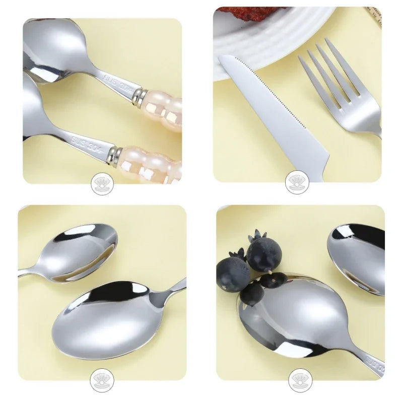 4Pcs/Set Luxury Dinnerware Stainless Steel Spoon and Fork Ceramic Pearl Handle Western Silver Cutlery High-looking Tableware