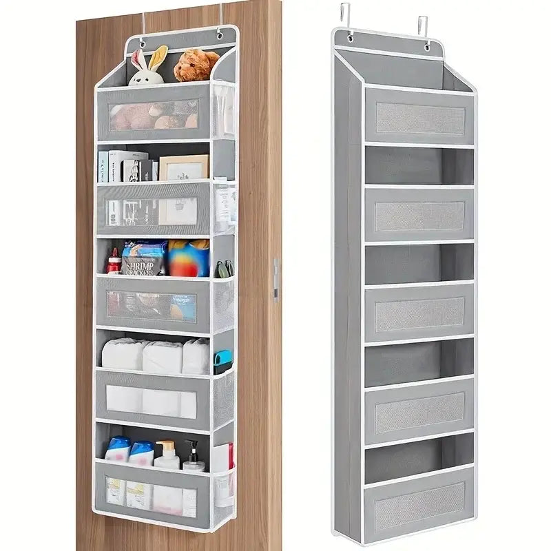 Gray fabric over the door hanging storage organizer with multiple clear and solid mesh pockets for efficient storage and organization.