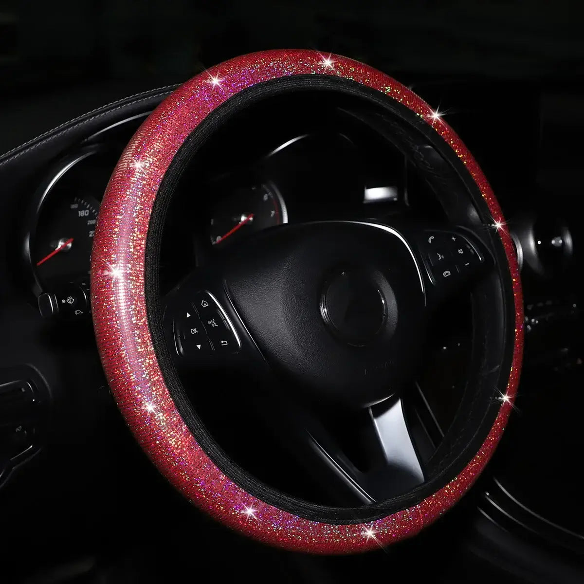 Juego de funda para volante con brillo rosa y purpurina roja resplandeciente, con forro interior negro para volantes de automóvil.
