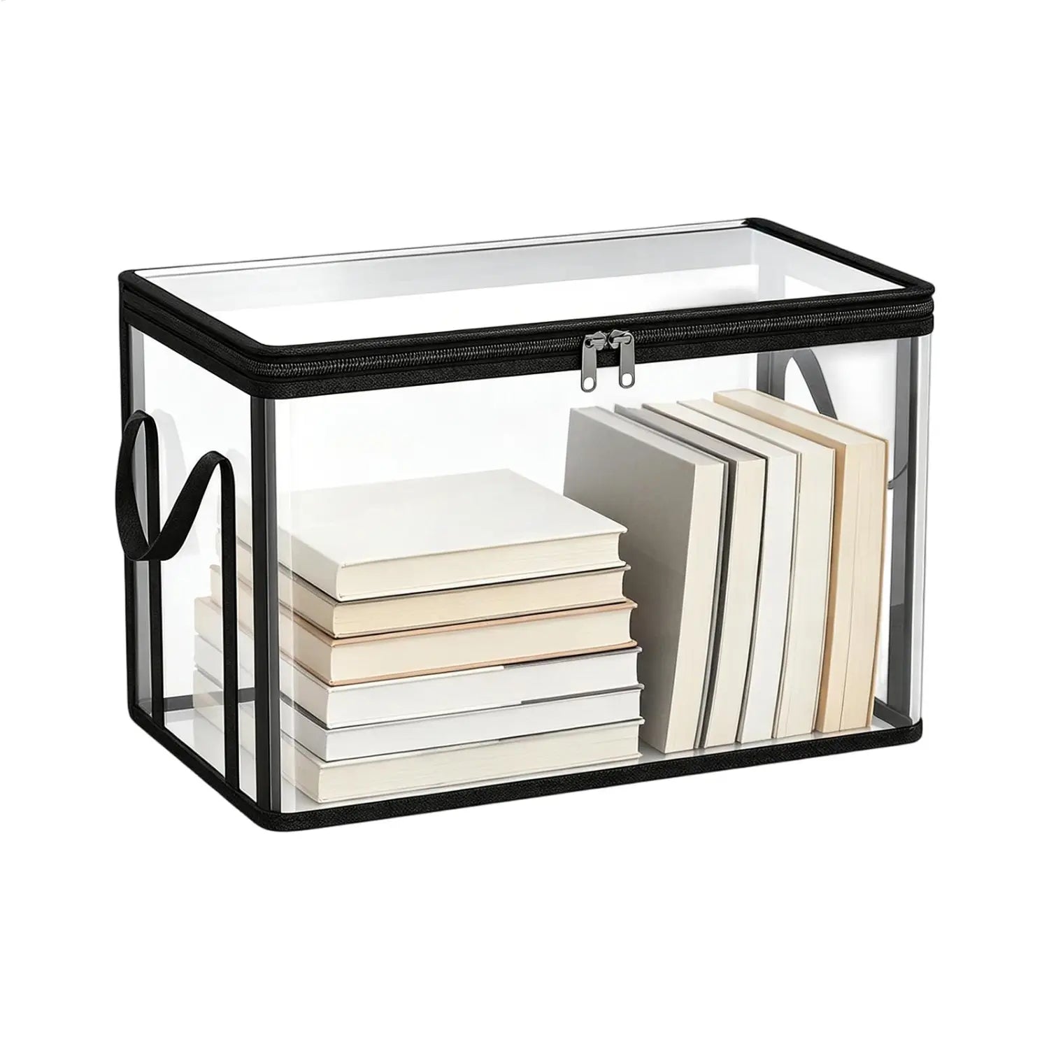 Boîte de rangement pour livres empilable transparente en matériau transparent, avec fermeture éclair à bordure noire et poignée latérale pour un transport aisé