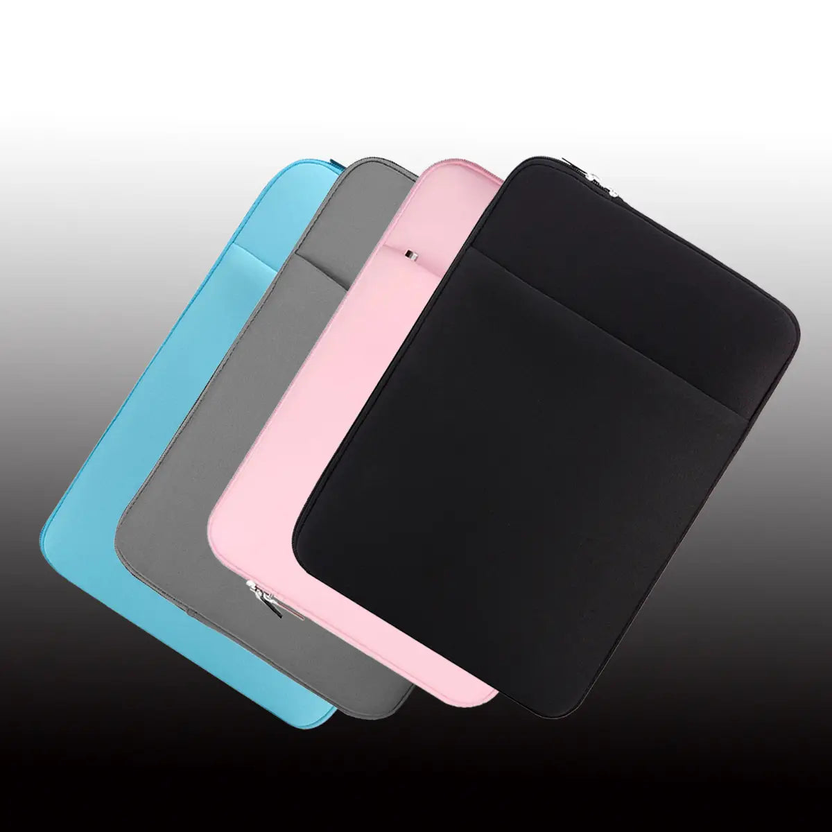 Eine elegante multifunktionale Laptoptasche aus Neopren in Schwarz-Grau-Pink und Hellblau, ausgelegt für Laptops von 11 bis 17 Zoll, mit weich gepolstertem Außenbereich.