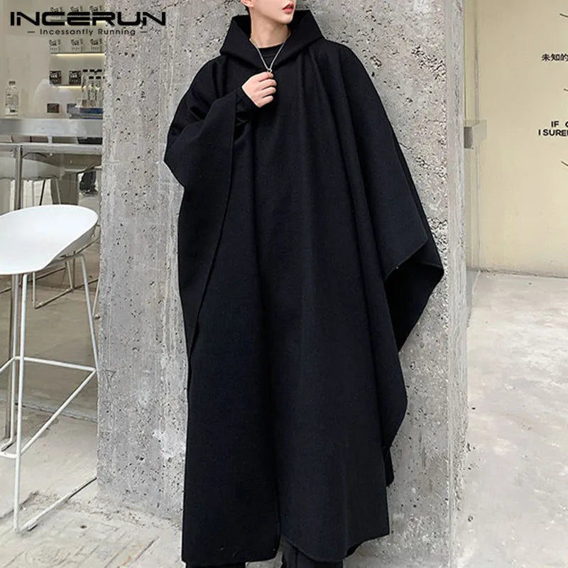 INCERUN Fashion Men Cloak Coats Solid Color Loose Hooded Streetwear 2025 Men Long Style Trench Windproof Winter Cape Jackets Men