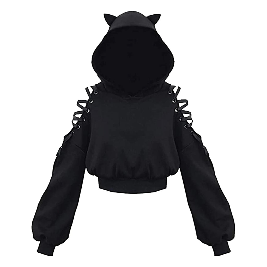 Women Long Sleeve Hoodies Kawaii Cat Ears Hoodie Gothic Punk Harajuku Cold Shouler Bandage Gothic Black Sweatshirts
