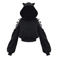 Women Long Sleeve Hoodies Kawaii Cat Ears Hoodie Gothic Punk Harajuku Cold Shouler Bandage Gothic Black Sweatshirts