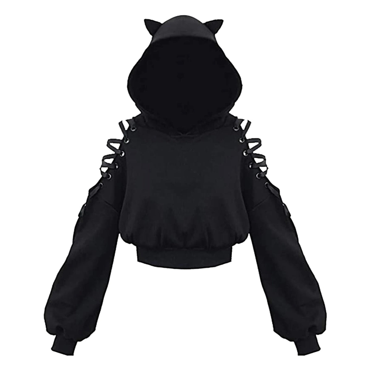 Women Long Sleeve Hoodies Kawaii Cat Ears Hoodie Gothic Punk Harajuku Cold Shouler Bandage Gothic Black Sweatshirts