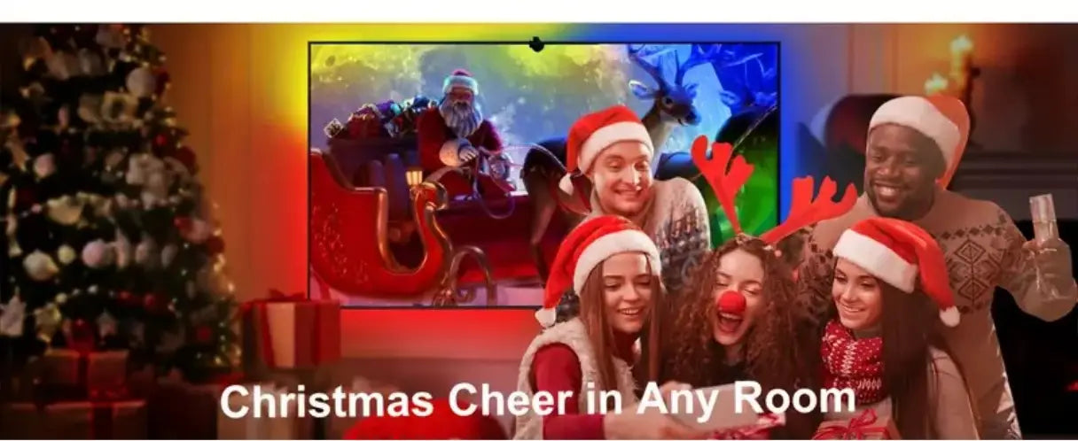 a vibrant festive scene with santa claus in his sleigh and reindeer displayed on a television screen enhanced by a style smart led tv backlight strip for colorful ambient lighting