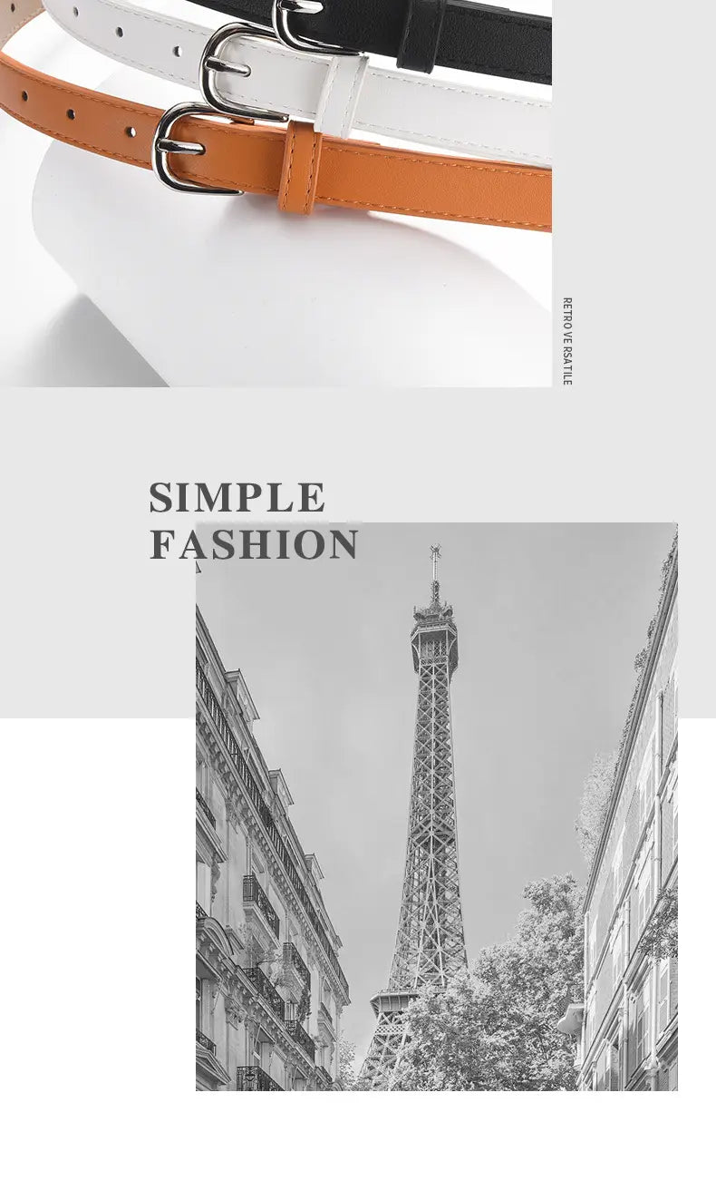Ensemble de ceintures fines en cuir pour femmes polyvalent, comprenant trois ceintures minimalistes en cuir blanc, noir et orange, avec des boucles à tons argentés.