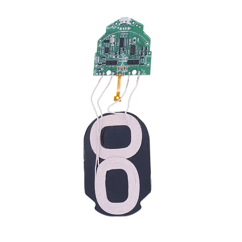 The picture shows a wireless pcba 15w fast charging transmitter module featuring a green circuit board with a white wireless charging coil assembly mounted on a black base.