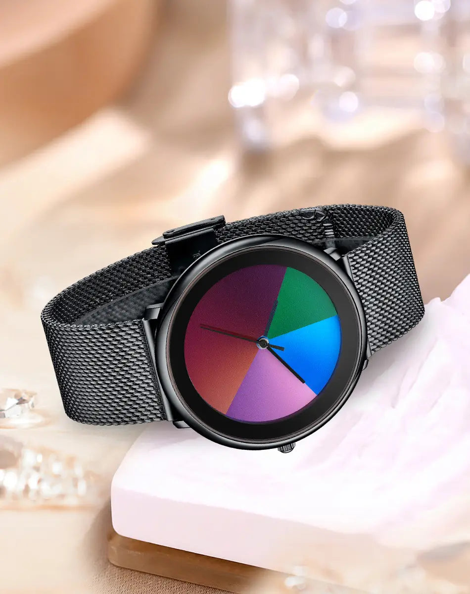 Lige women rainbow dial quartz watch with a black mesh strap and a colorful segmented dial featuring vibrant red green blue and purple hues.
