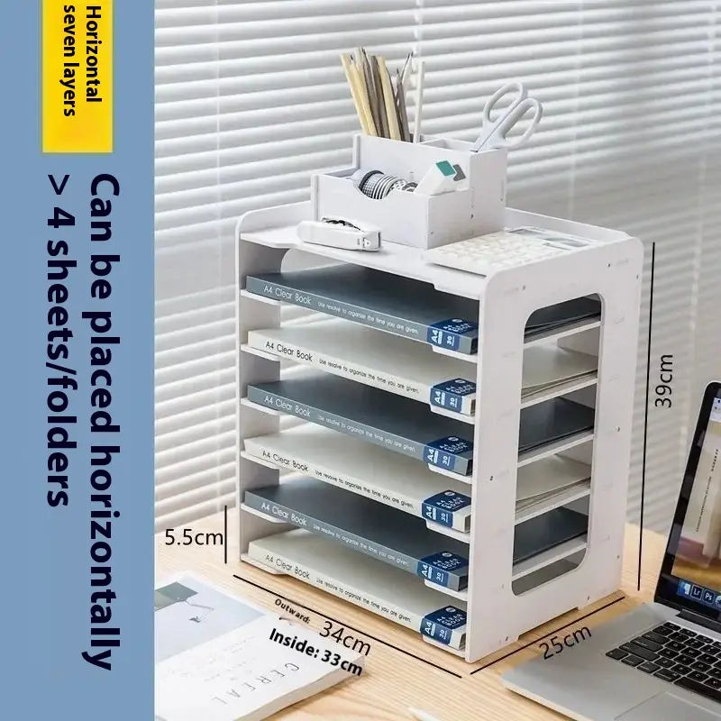 White plastic desktop file organizer and storage rack featuring seven horizontal layers with labeled slots holding A4 clear books for efficient document sorting.