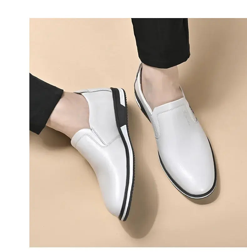 men leather slip on driving shoes casual loafers in white leather with black and white slip-on soles