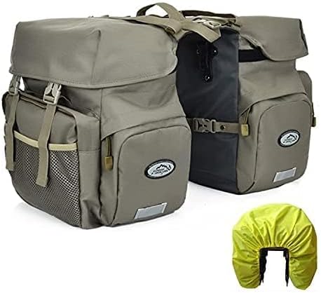 Olivegrüne und schwarze Ztz 50l wasserfeste Doppelfahrradtaschen mit Mesh-Seitentaschen, reflektierendem Front-Patch und limegrünem Regenschutz, dargestellt von der Rückseite