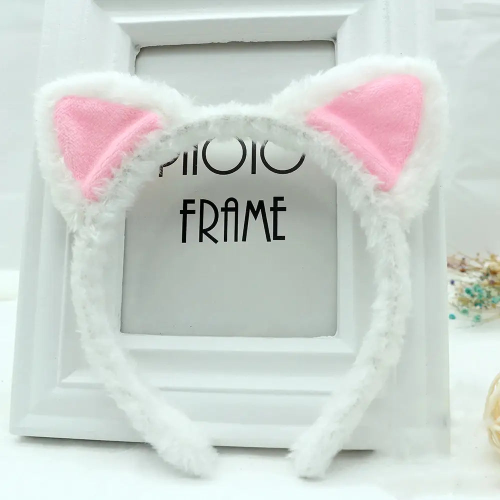 diadema esponjosa de orejas de gato blanco color rosa con orejas internas rosa esponjosas, accesorio para el cabello kawaii