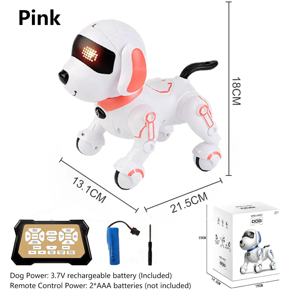 pink robotic dog toy with white and orange accents featuring led eyes and a remote control from the rc robot dog interactive smart electronic stunt pet product line