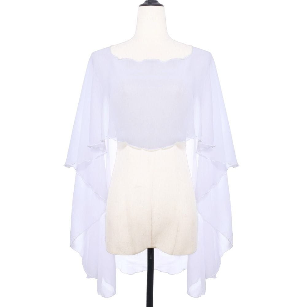 Weiße transparente Chiffon-Hochzeitscape mit gesäumtem Ausschnitt und fließender asymmetrischer Saumlinie, entworfen als Sonnenschutz-Wickelshawl