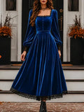 New Autumn Winter Women Velvet Party  Midi Dress Square Neck Puff Long Sleeve Black Lace Hem Button Front Vintage A Line Dresses