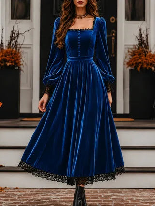 New Autumn Winter Women Velvet Party  Midi Dress Square Neck Puff Long Sleeve Black Lace Hem Button Front Vintage A Line Dresses