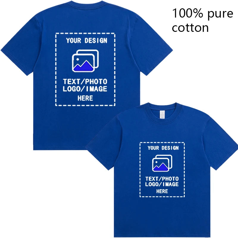 Royal blue custom men cotton tshirt made of 100% pure cotton with customizable front and back design areas and short sleeves.