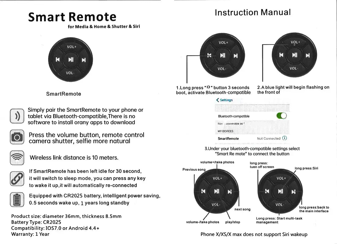 Black circular wireless steering wheel Bluetooth media remote control featuring volume and track control buttons with media home shutter and Siri functions.