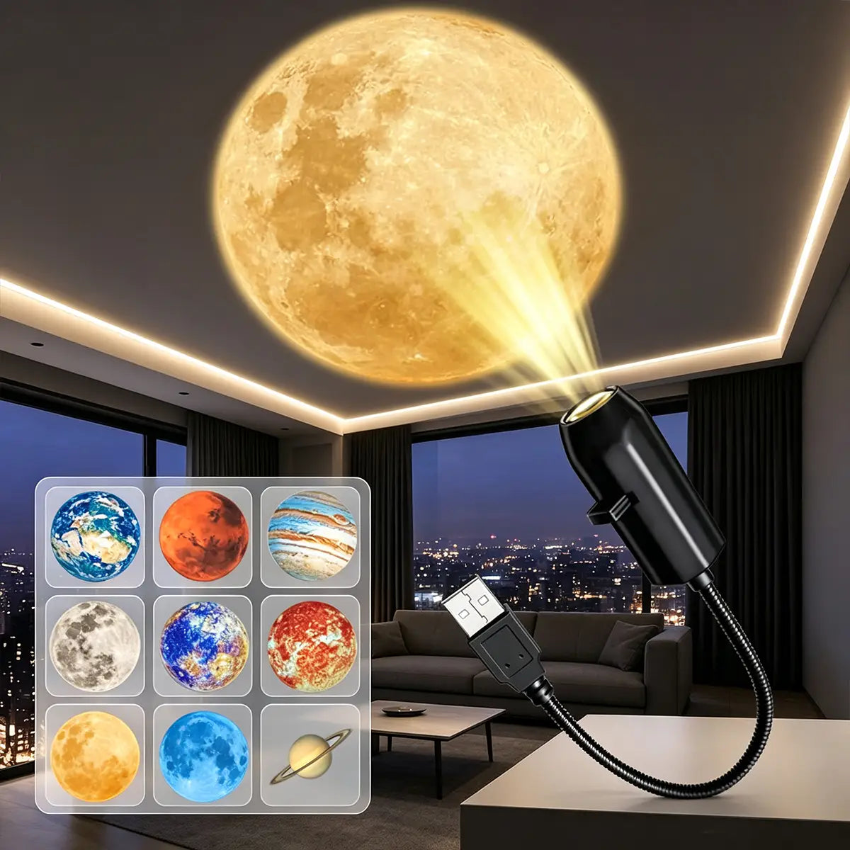 Projecteur mini LED noir alimenté par USB projetant une lune jaune aux détails réalistes sur le mur pour une décoration d’ambiance « ciel étoilé » en mode galaxie.