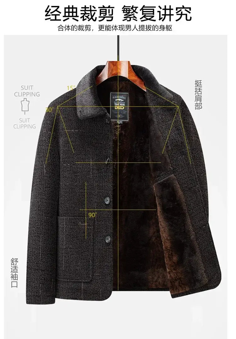 Dark gray men wool blend winter trench coat featuring a plush brown fur lining and classic suit clipping design.