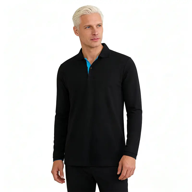 Herren-Polohemd mit langem Baumwollärmel in Schwarz mit kontrastierendem inneren Kragen in Türkis.