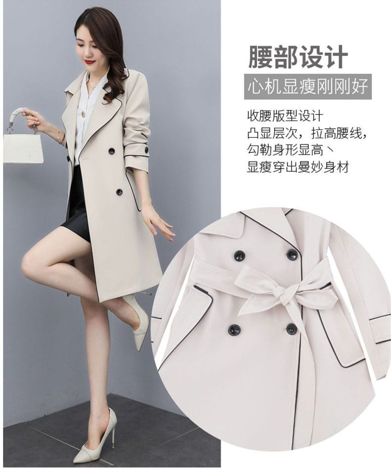 Women double breasted trench coat in beige with black trim and a matching belt bow designed for stylish outerwear.