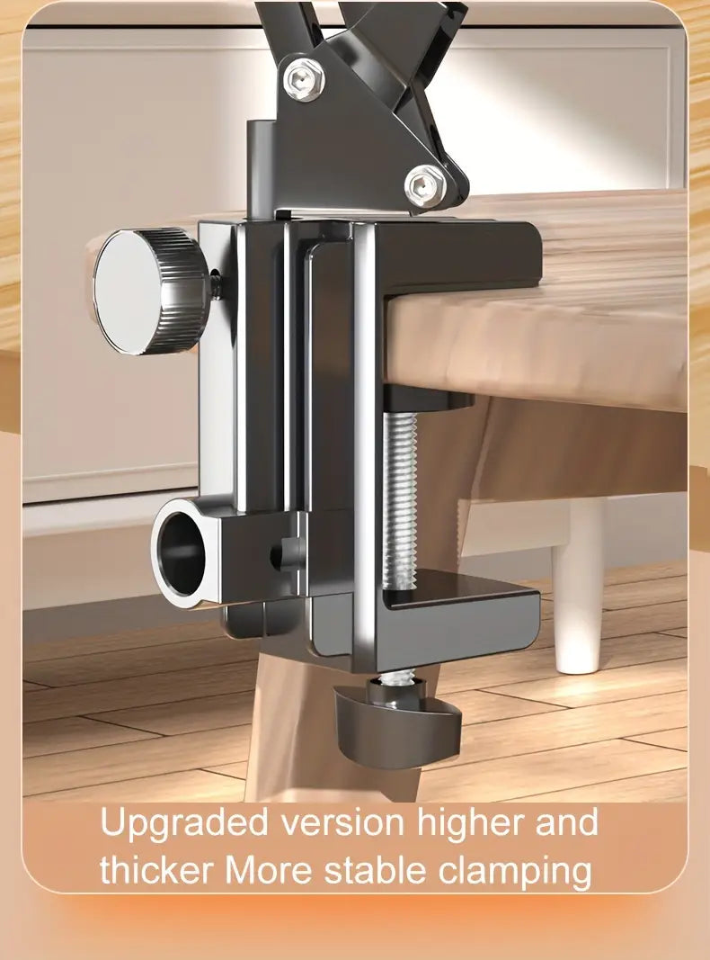 Black metal adjustable tablet arm clamp for bed with a silver adjustment knob and threaded screw mechanism.