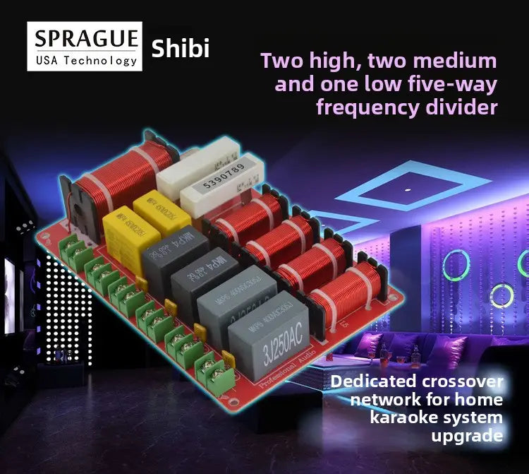 Carte de circuit imprimé rouge pour répartiteur de haut-parleur 5 voies, forte puissance, audio pour scène KTV, avec condensateurs et selfs rouges, jaunes et gris, pour une mise à niveau du système de karaoké à domicile.