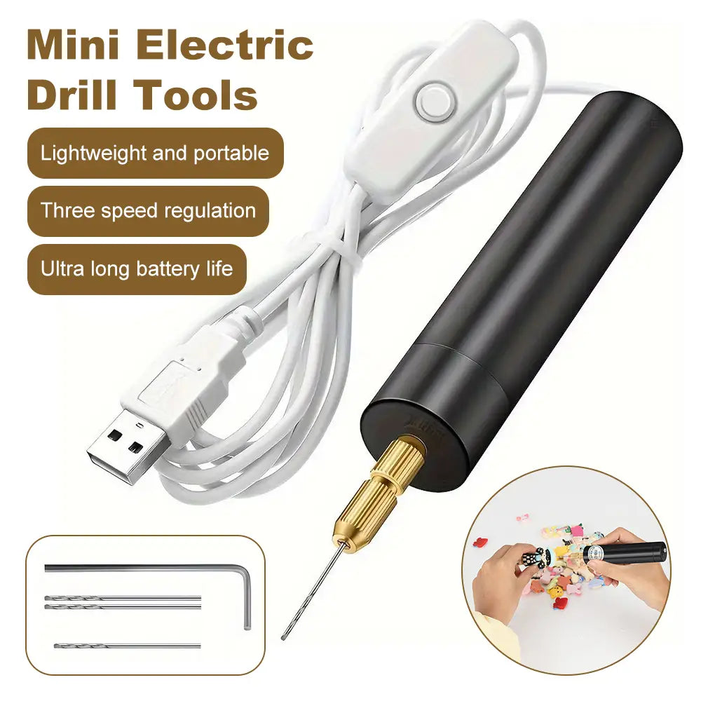 black cylindrical mini electric handheld drill with gold-colored chuck and usb charging cable for diy resin jewelry crafts