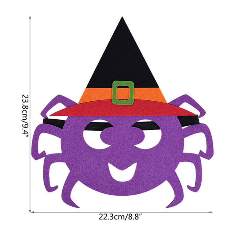 a purple felt spider wearing a witch’s hat with black orange and red stripes and a green buckle for a halloween pumpkin ghost diy mask party costume