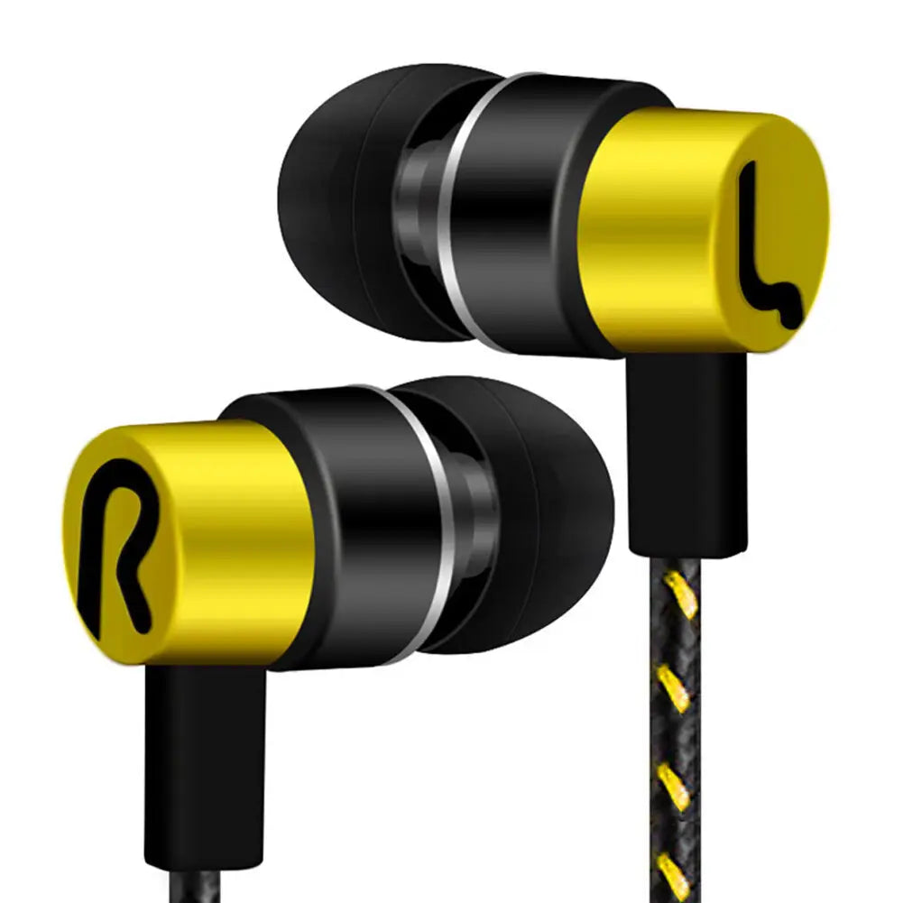 black and gold in-ear wired headphones with bass stereo effect feature a braided cable with yellow accents and volume control for enhanced audio experience.