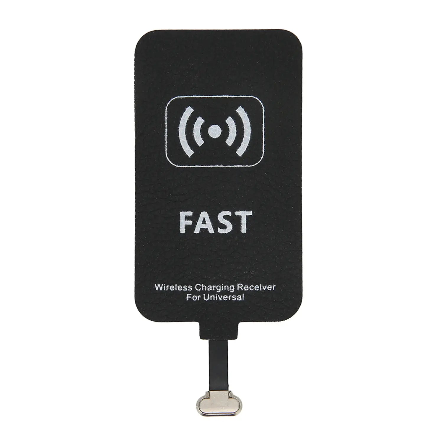 Black wireless charging receiver with a silver metallic type c connector and white text indicating fast wireless charging receiver for universal devices designed for 10w wireless charging.