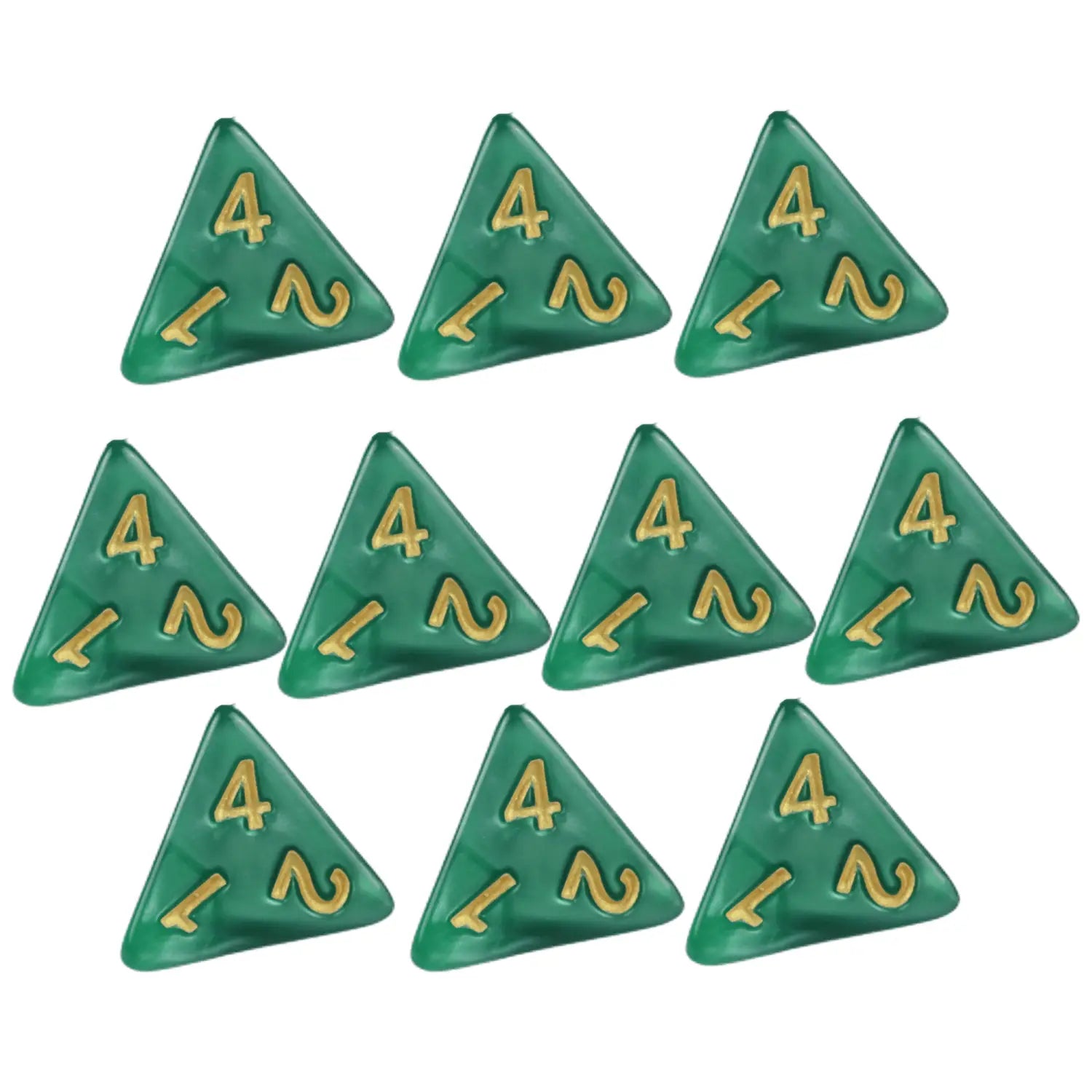 Set aus zehn durchsichtigen grünen Marmord4-Würfeln mit goldenen Ziffern für Tischspiele und Brettspiele.