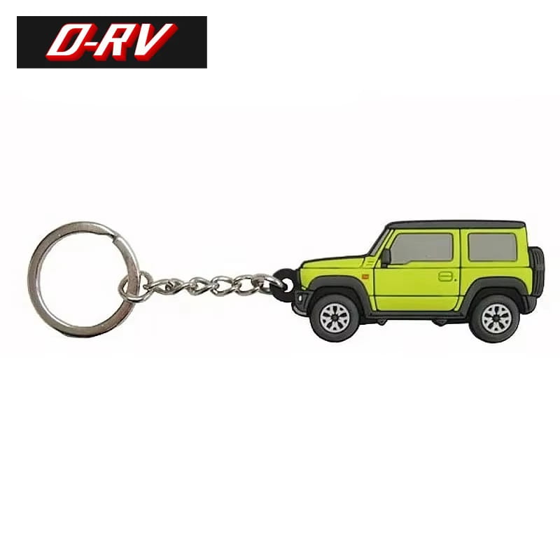Lime green and black rubber Suzuki Jimny jb64 jb74 keychain featuring a miniature model of the vehicle.