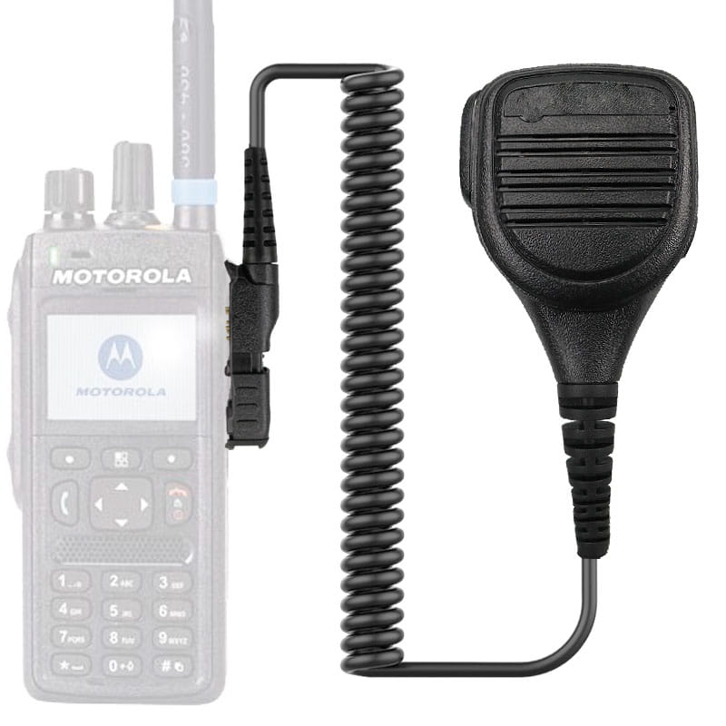 Motorola Pmmn4076a speaker microphone in black plastic with coiled cord and textured grip for two-way radio communication.