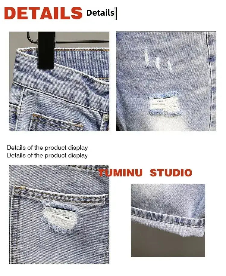 Hellwasch-Denim-Shorts für Herren mit rissigem Slim-Fit-Design, ausgefransten, beschädigten Partien und klassischer Ziernähte.