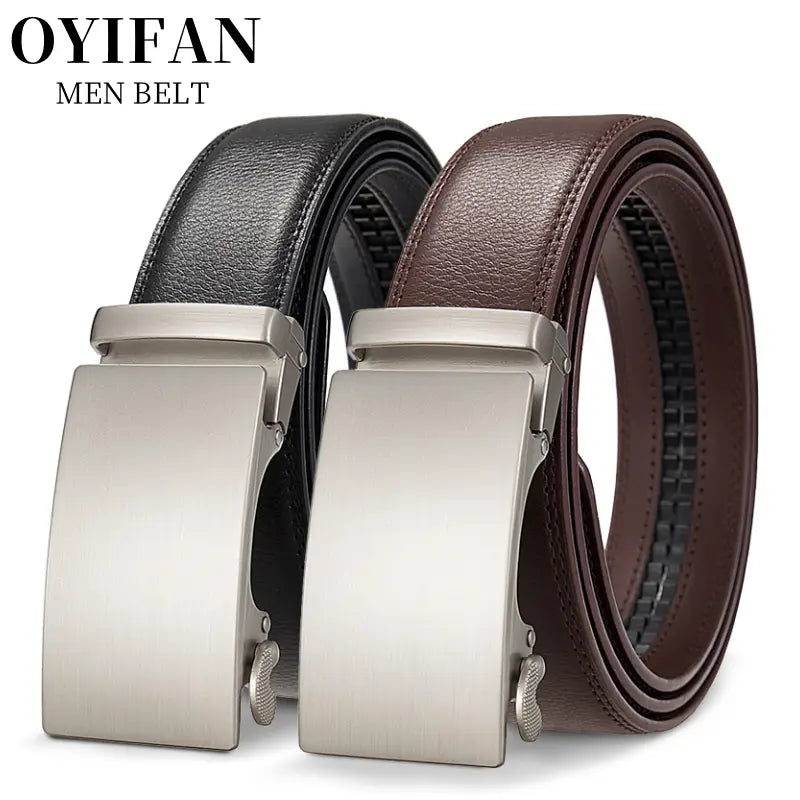 black and brown oyifan ratchet leather belts for men with silver-toned adjustable automatic buckles