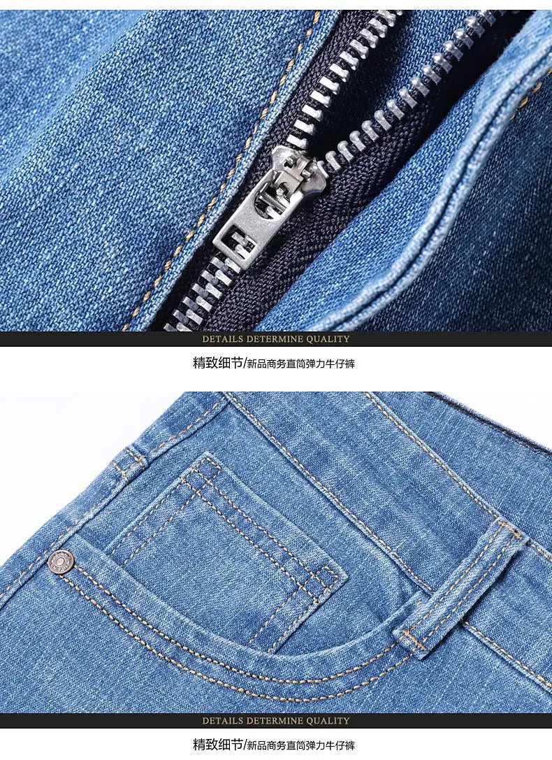 Men’s stretch cotton straight jeans in blue denim with a silver-toned zipper and matching stitching for casual wear.