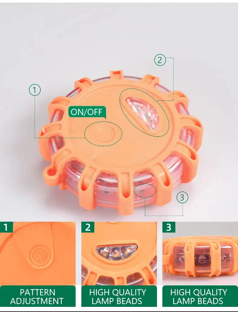 Orange circular magnetic led roadside emergency strobe light with textured plastic body and clear lamp beads.