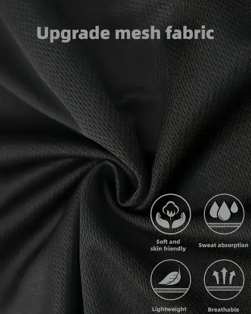 Tissu en mesh amélioré noir à la texture douce et respirante pour un confort et une performance d’évacuation de l’humidité dans l’ensemble de sport deux-pièces pour homme, d’été.