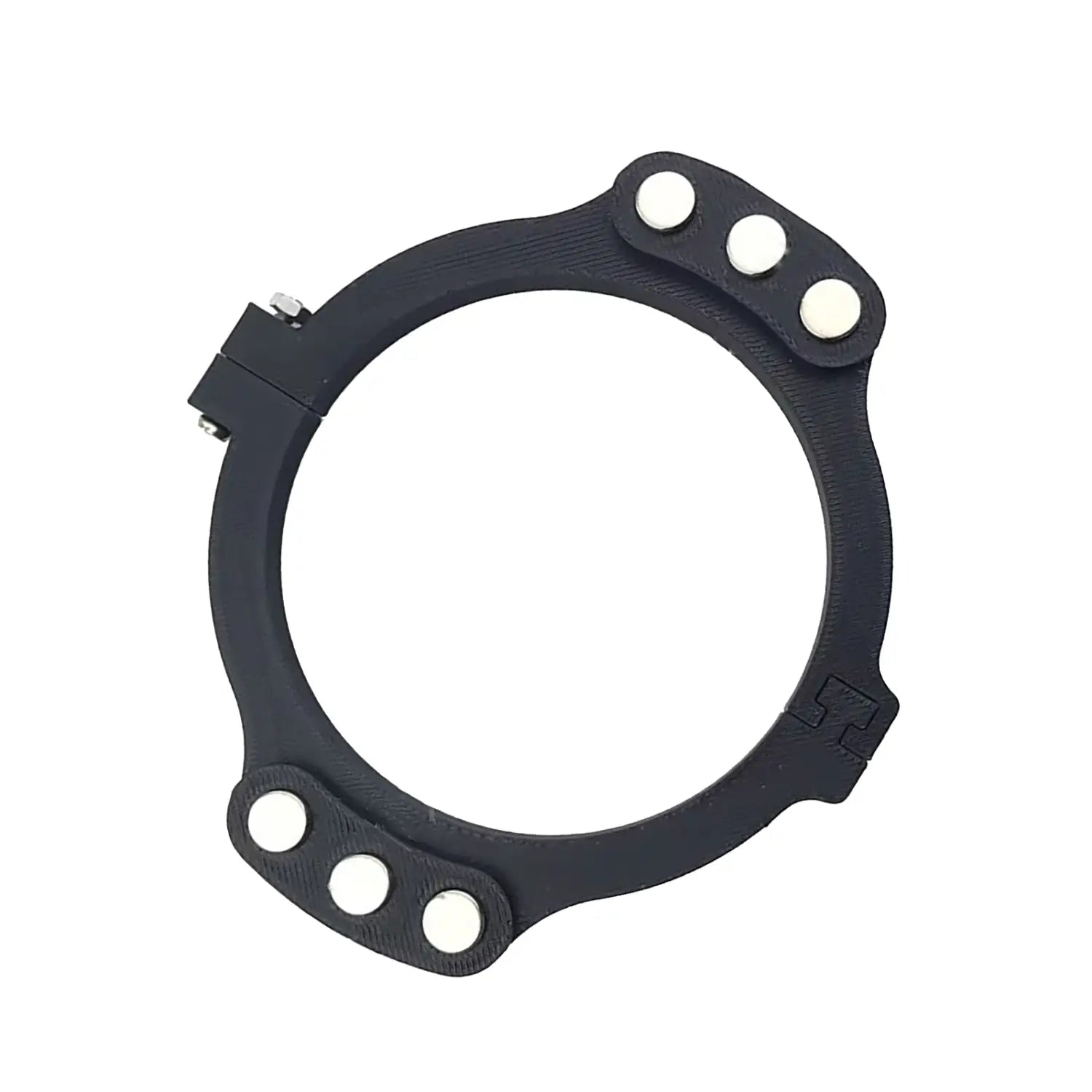 Abrazadera circular negra con tres fijadores circulares blancos en cada lado y mecanismo de bisagra metálico para el módulo de varillaje basculante magnético Logitech para G29 G920 G923