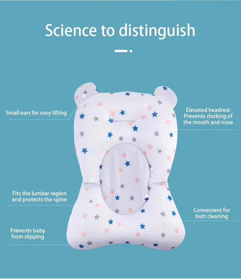 White bear-shaped baby bath seat floating newborn tub support cushion with blue and pink star patterns made of soft fabric material.