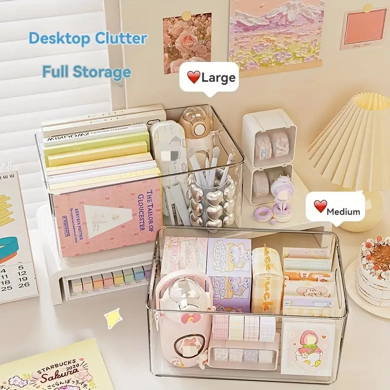 Organisateur de rangement en plastique empilable transparent en acrylique transparent, comportant plusieurs compartiments contenant des articles de papeterie colorés ; produit réel fabriqué dans la partie continentale de la Chine.