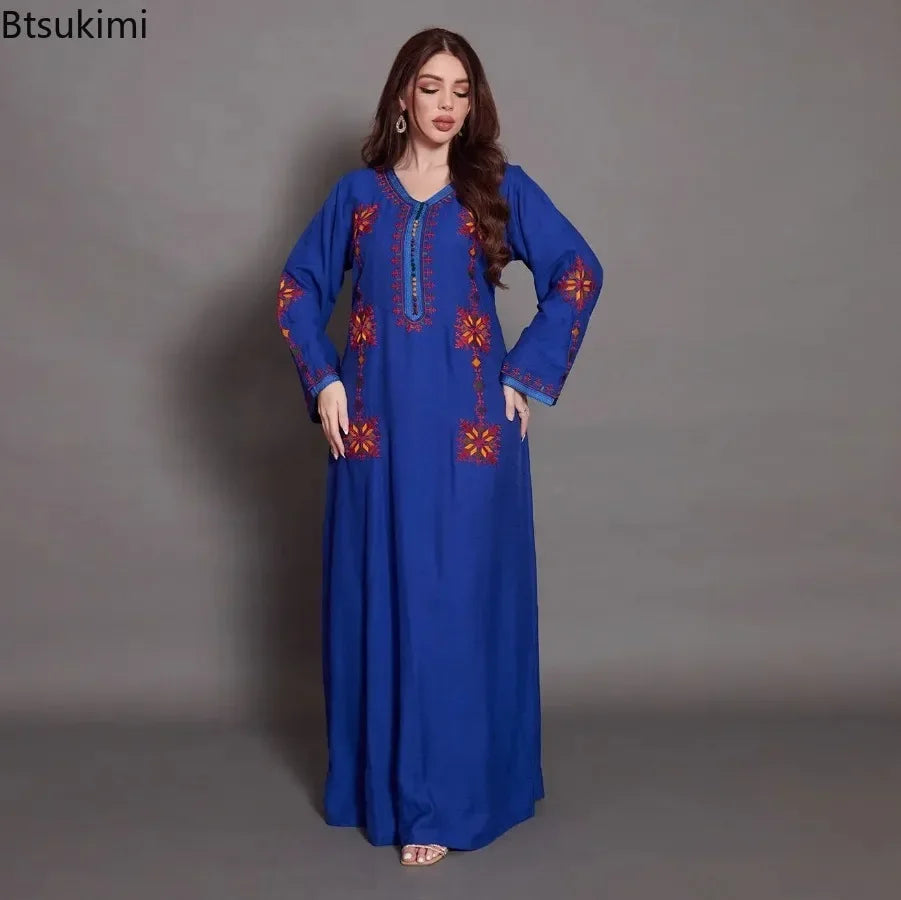 Muslim Fashion Abaya for Women Colorful Embroidery Floral Dress Loose Ethnic Style Arab Robe Ramadan Gown Dubai Kaftan Vestidos