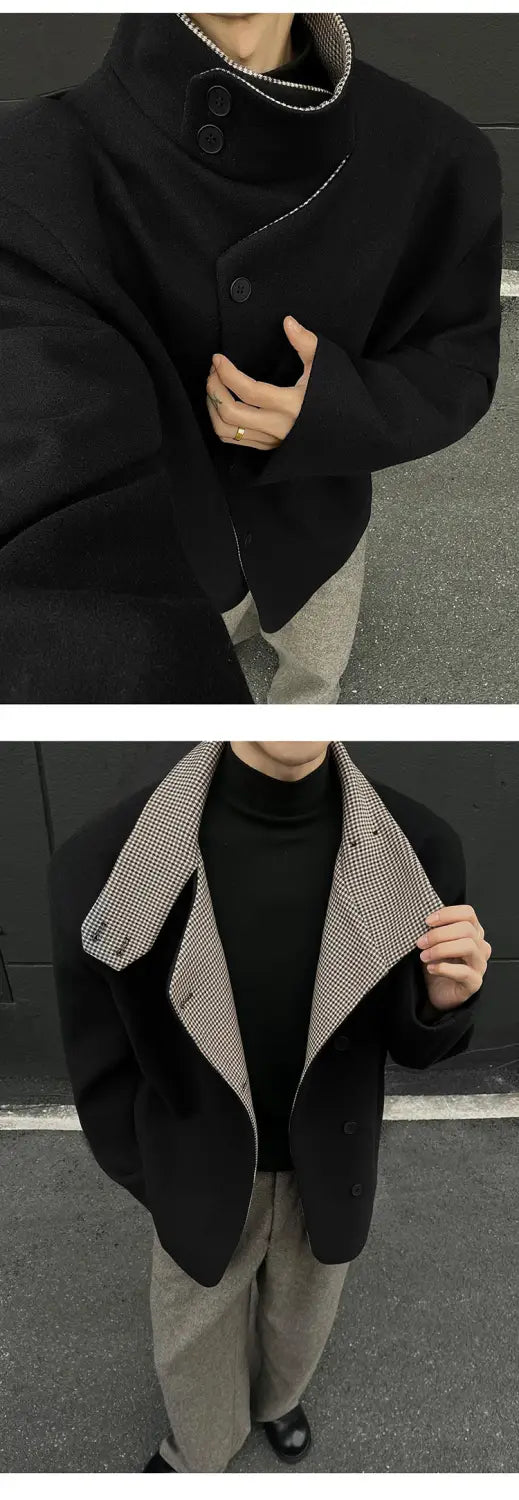 Manteau surdimensionné noir avec un col à motif chevronné contrastant et fermeture boutonnée à l’avant, pour homme, veste d’hiver en laine marron, coupe slim, col montant.