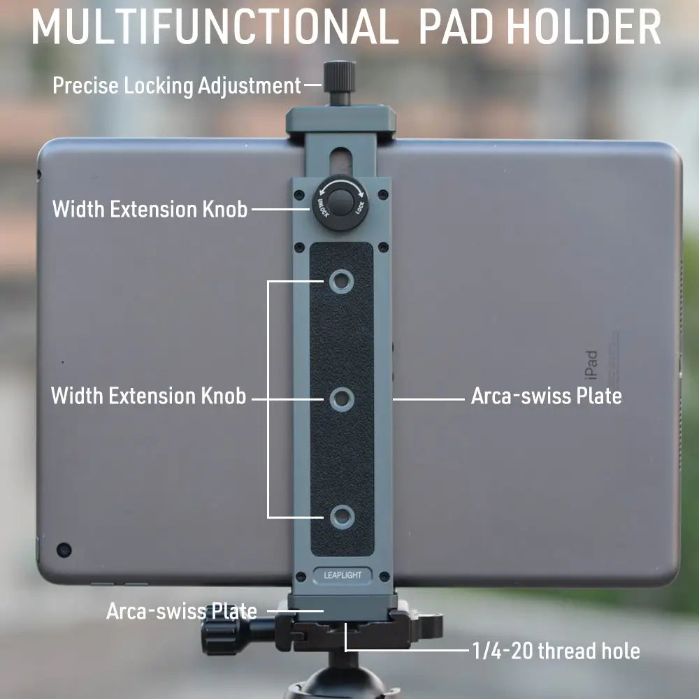 gray metallic aluminum tablet clamp tripod mount adapter with adjustable width knobs and arca-swiss plates for secure universal tripod mount tablet mounting